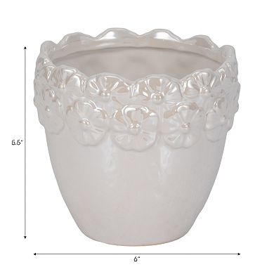 Decorative Ceramic Floral Crown Planter - Indoor and Outdoor - 6", Ivory & Tan