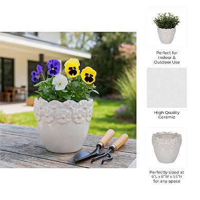 Decorative Ceramic Floral Crown Planter - Indoor and Outdoor - 6", Ivory & Tan