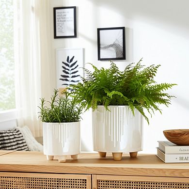 Modern Ceramic Planters with Raised Legs - Indoor and Outdoor - Set of 2, 6", 8", Ivory