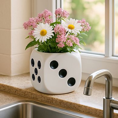 Decorative Ceramic Dice Flower Pot for Home Decor - Indoor and Outdoor - 6", White & Black