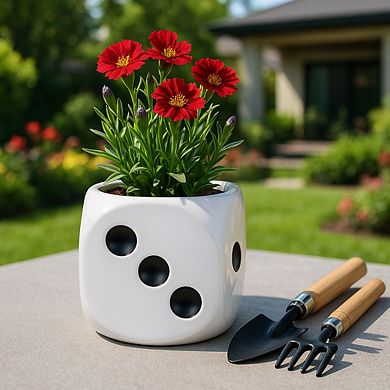 Decorative Ceramic Dice Flower Pot for Home Decor - Indoor and Outdoor - 6", White & Black