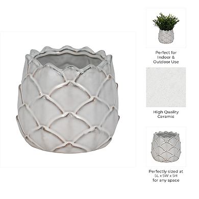 Ceramic Planter with Sculpted Textured Form and Rounded Silhouette - 5", White