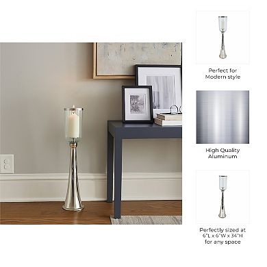 Modern Metal and Glass Floor Candle Stand for Pillar Candles - 34", Silver