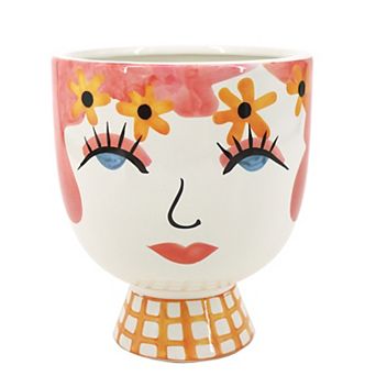 Planter Ceramic Boho Face Design with Floral Accents - 7", Pink