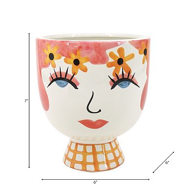 Planter Ceramic Boho Face Design with Floral Accents - 7", Pink