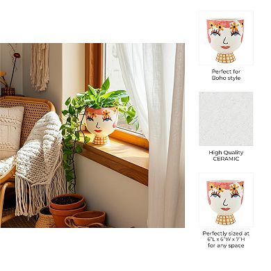 Planter Ceramic Boho Face Design with Floral Accents - 7", Pink