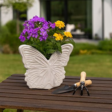 Decorative Ceramic Flower Pots with Butterfly Design - 6" Ivory & Tan