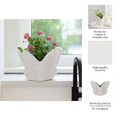 Decorative Ceramic Flower Pots with Butterfly Design - 6" Ivory & Tan