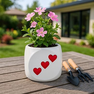 Decorative Ceramic Dice Flower Pot for Home Decor - 6", White & Red