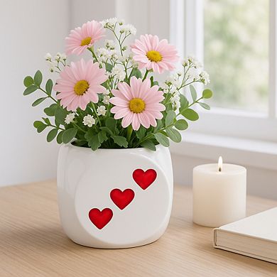 Decorative Ceramic Dice Flower Pot for Home Decor - 6", White & Red