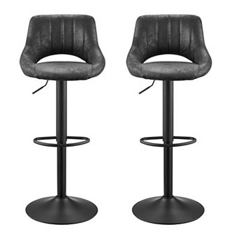 HomeRoots Set of Two 32" Black Faux Leather And Steel Swivel Low Back Adjustable Height Bar Chairs