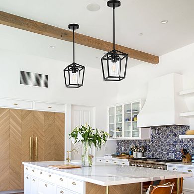 Matte Black Farmhouse Cage Lantern Pendant with Clear Glass Shade