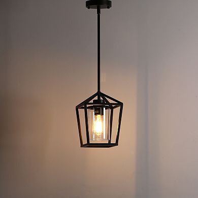 Matte Black Farmhouse Cage Lantern Pendant with Clear Glass Shade