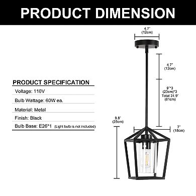 Matte Black Farmhouse Cage Lantern Pendant with Clear Glass Shade