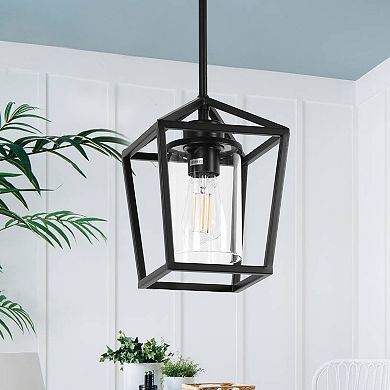 Matte Black Farmhouse Cage Lantern Pendant with Clear Glass Shade