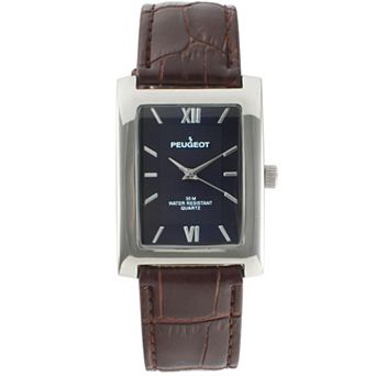 Peugeot Mens 30X40mm Tank Shape Watch with Roman Numeral Dial and Leather Strap