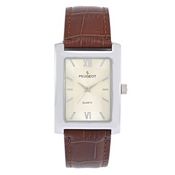 Peugeot Mens 30X40mm Tank Shape Watch with Roman Numeral Dial and Leather Strap