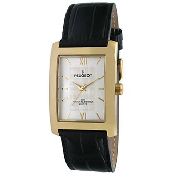 Peugeot Mens 30X40mm Tank Shape Watch with Roman Numeral Dial and Leather Strap