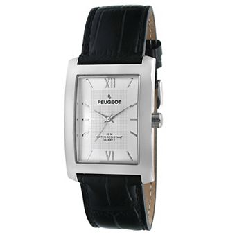 Peugeot Mens 30X40mm Tank Shape Watch with Roman Numeral Dial and Leather Strap