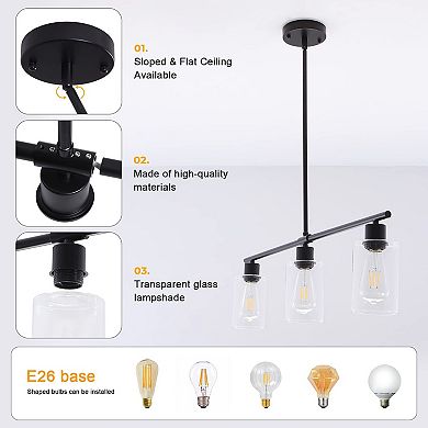 3-Light Black Linear Kitchen Island Pendant with Clear Glass Shades