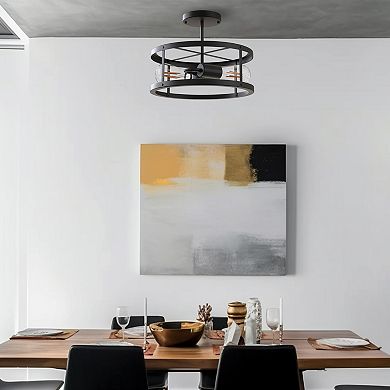 13" 2-Light Rustic Farmhouse Flush Mount Black Drum Ceiling Light for Hallway & Entryway