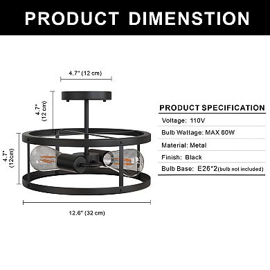 13" 2-Light Rustic Farmhouse Flush Mount Black Drum Ceiling Light for Hallway & Entryway