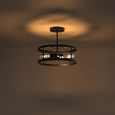 13" 2-Light Rustic Farmhouse Flush Mount Black Drum Ceiling Light for Hallway & Entryway