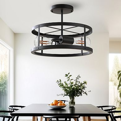 13" 2-Light Rustic Farmhouse Flush Mount Black Drum Ceiling Light for Hallway & Entryway