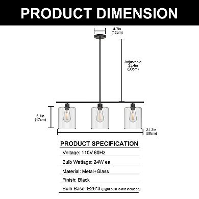 3-Light Black Linear Kitchen Island Pendant with Glass Shades Modern Hanging Light for Dining Room