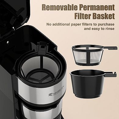 Programmable Coffee Maker with Removable Permanent Filter Basket, Auto Shut-Off, Single-Serve