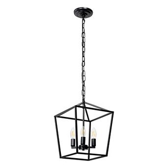 4-Light Geometric Cage Lantern Pendant with Black Finish