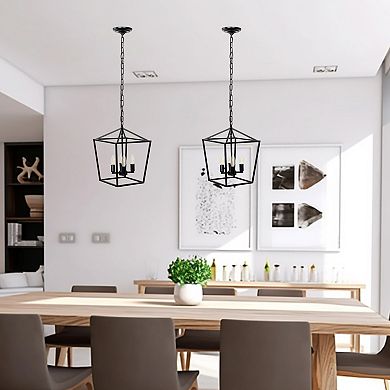 12 in. 4-Light Geometric Cage Lantern Pendant with Black Finish for Living Room Bedroom Kitchen