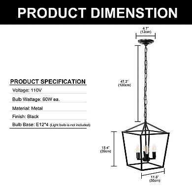 12 in. 4-Light Geometric Cage Lantern Pendant with Black Finish for Living Room Bedroom Kitchen