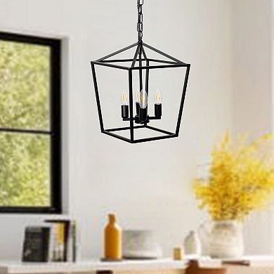 12 in. 4-Light Geometric Cage Lantern Pendant with Black Finish for Living Room Bedroom Kitchen