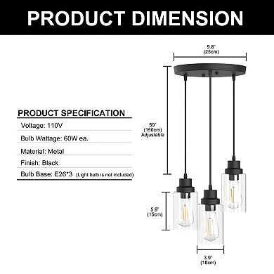 Vintage Industrial Cluster Pendant 3-Light Black Fixture with Clear Glass for Farmhouse Kitchens