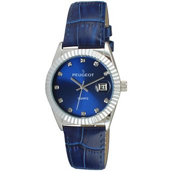 Peugeot Womens 36mm Crystal Numerals Fluted Bezel Date Function Watch with Leather Strap
