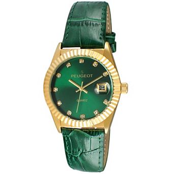 Peugeot Womens 36mm Crystal Numerals Fluted Bezel Date Function Watch with Leather Strap