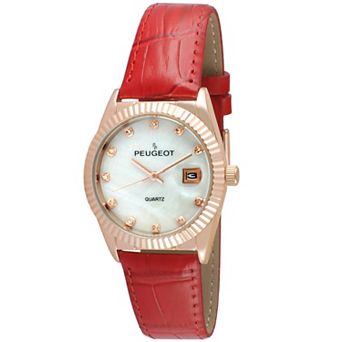 Peugeot Womens 36mm Crystal Numerals Fluted Bezel Date Function Watch with Leather Strap