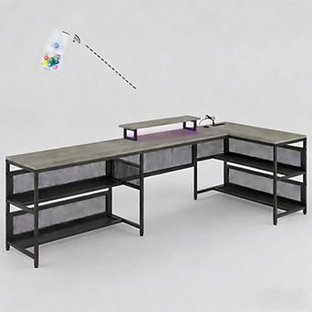 Lufeiya U Shaped Desk with Power Outlets & LED & Monitor Stand, L Shaped Desk with Storage Shelf