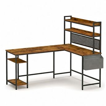 Lufeiya Reversible L Shaped Computer Desk with Power Outlet and LED Lights, Gaming Office Desk