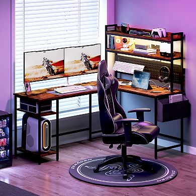 Lufeiya Reversible L Shaped Computer Desk with Power Outlet and LED Lights, Gaming Office Desk