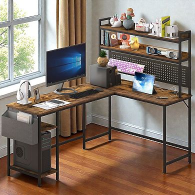 Lufeiya Reversible L Shaped Computer Desk with Power Outlet and LED Lights, Gaming Office Desk