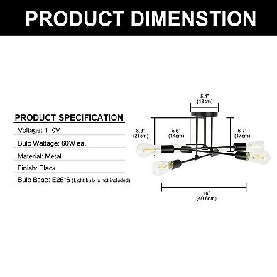 6-Light Black Sputnik Modern Linear Semi-Flush Mount Ceiling Light Fixture for Hallway, Living Room