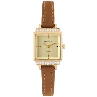 Peugeot Womens Small Face 22mm Crystal Watch With Square Dial and Suede Strap