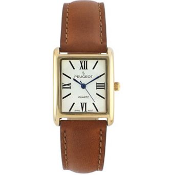 Peugeot Womens Roman Numeral Tank Watch with Leather Strap