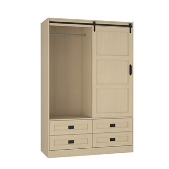 Tall Cabinet Wardrobe Closet Clothing with Hanging Rod Barn Door Drawers Open Shelves