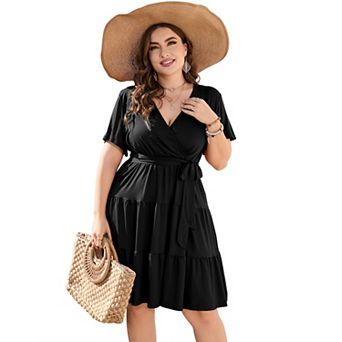 Plus Size Wrap Dress - V Neck Tiered Midi Dress with Belt Summer Dress for Brunch, Wedding & Casual