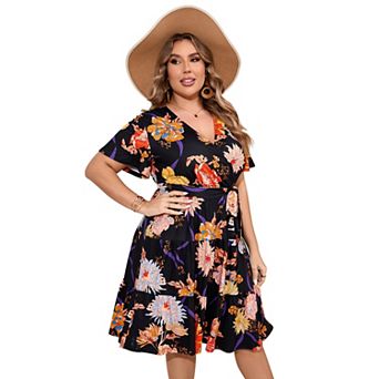 Plus Size Wrap Dress - V Neck Tiered Midi Dress with Belt Summer Dress for Brunch, Wedding & Casual