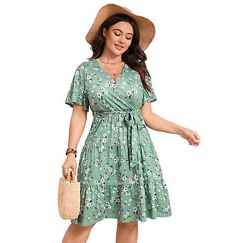 Plus Size Wrap Dress - V Neck Tiered Midi Dress with Belt Summer Dress for Brunch, Wedding & Casual