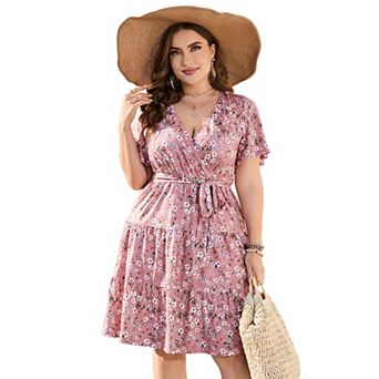 Plus Size Wrap Dress - V Neck Tiered Midi Dress with Belt Summer Dress for Brunch, Wedding & Casual